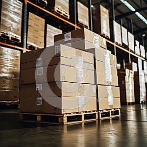 Stacked cardboard boxes on pallets in a warehouse storage space