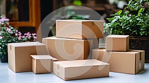Stacked Cardboard Boxes On Table With Plants