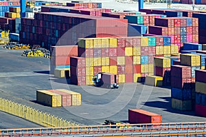 Stacked cargo containers in storage area of freight sea port