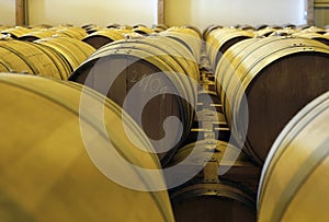 Stacked casks at a distillery