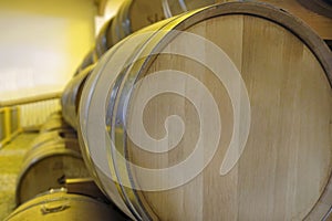 Stacked casks at a distillery