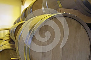 Stacked casks at a distillery