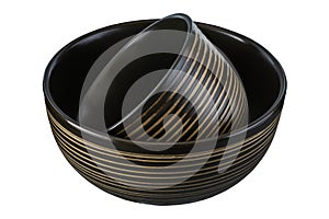 Stacked ceramic bowls, Empty black ceramics bowls isolated on white background with clipping path, Side view