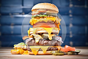 stacked cheeseburgers, various cheeses, close-up shot