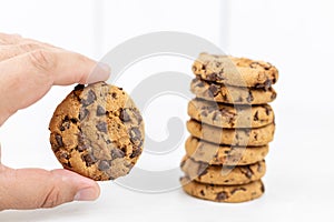 Stacked choco biscuits on the grey marble table