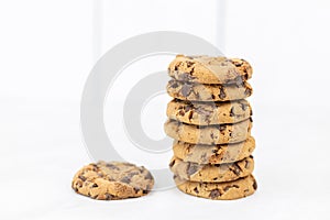 Stacked choco biscuits on the grey marble table