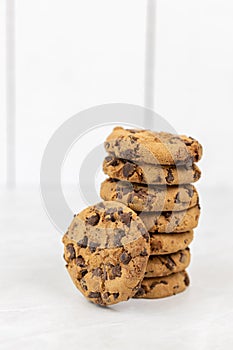 Stacked choco biscuits on the grey marble table