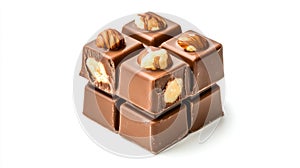Stacked chocolate cubes with hazelnut toppings on a clean white background