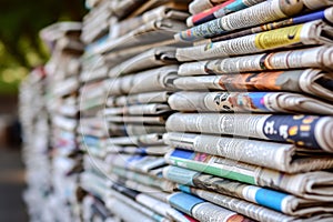 Stacked Chronicles An Array of Newspapers in Close-Up. Generative AI