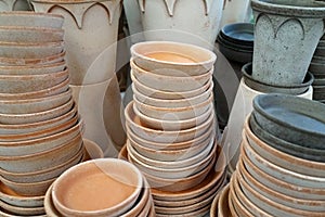 Stacked clay dishes and plant pots