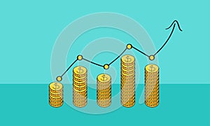 Stacked coins graph arrow. Investment and money earning growth concept