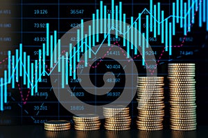 Stacked coins with growing blue forex chart on dark background. Stock market and trade concept. 3D Rendering