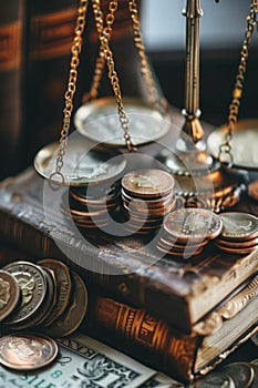 Stacked coins on old books with scale, balance of knowledge and wealth. Antique coins and books with a balance scale, a