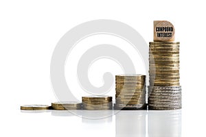 Stacked coins symbolizing compound interest effect with the word `compound interest` in German
