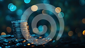 Stack of Coins in Blue Light