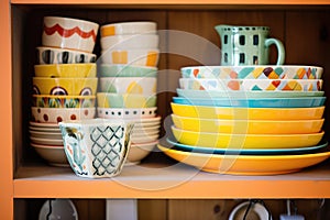 stacked colorful ceramic dinnerware in a cupboard