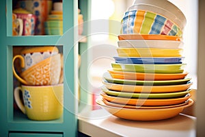 stacked colorful ceramic dinnerware in a cupboard