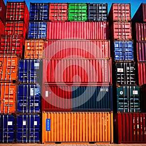 Stacked colorful metal cargo containers used for transportation and storage in shipping logistics industry