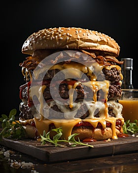 Stacked Cooked Delicious Giant Triple Cheeseburger with all the Fixings. Generative AI