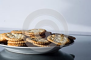 stacked crackers with white background and copy space