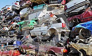 Stacked crushed cars