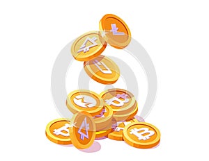 Stacked Cryptocurrency Coins with Bright Glow. Golden Pile of Leading Cryptocurrencies Isolated on a White Background