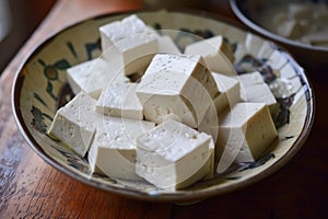 Stacked Cubes of Soft Tofu on a Ceramic Plate