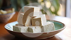 Stacked Cubes of Soft Tofu on a Ceramic Plate