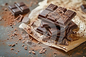 Stacked Dark Chocolate Bars on Rustic Background