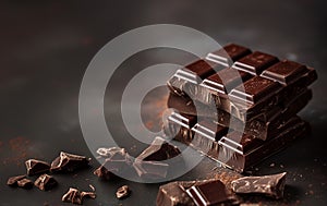 Stacked dark chocolate bars with scattered pieces on dark background photo