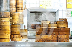 Stacked dim sum steamers at a Hong Kong restaurant