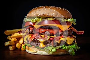 Stacked double cheeseburger with crispy bacon and fresh vegetables, served with golden fries