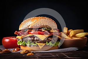 Stacked double cheeseburger with crispy bacon and fresh vegetables, served with golden fries