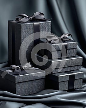 Stacked Elegant Black Gift Boxes with Ribbons