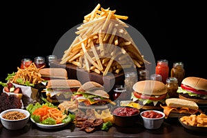 stacked fast food items replicating a food pyramid shape photo