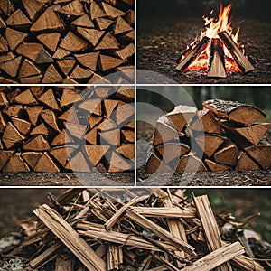 Stacked firewood in multiple formsâlog piles with split and rough textures. Top right
