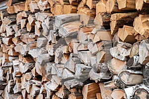 Stacked firewood. Preparation of firewood for the winter. Stocks of wooden firewood. Stacked firewood. Village lifestyle