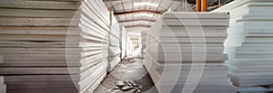 Stacked foam plastic sheets ready for installation, emphasizing the thickness and size of the insulation material.