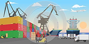 Stacked freight containers at a sea port dock. High detailed cargo ships cars and forklift cars. Flat Vector