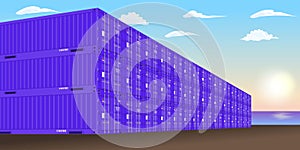 Stacked freight containers at a sea port dock. Vector illustration.