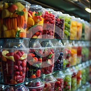 Stacked fruit containers on a shelf, brimming with colorful berries and melon slices a visual ode to healthy eating.