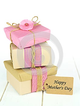 Stacked gifts with Happy Mother's Day tag photo