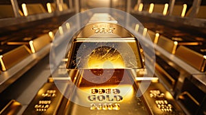 Stacked gold bars with inscriptions. Precious metals and finance concept