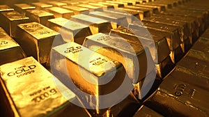 Stacked gold bars with inscriptions. Precious metals and finance concept