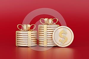stacked gold coins tied with bow and ribbon in gift box idea pink background. gift voucher, profit, bonus special and promotion.