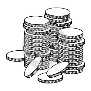 Stacked golden coins icon cartoon in black and white photo