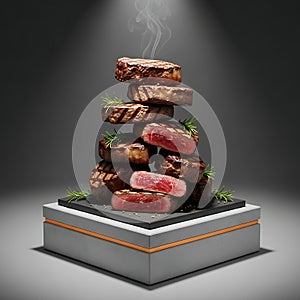 Stacked Gourmet Steaks on Elegant Display Platform