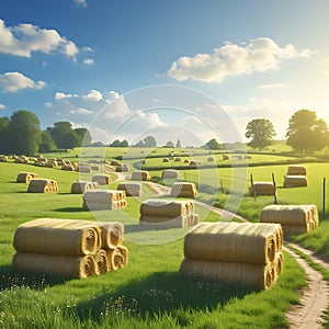 Stacked Hay Bales in a Green Field with Winding Path and Trees round bales rectangular bales