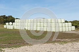 Stacked hay bales wrapped in plastic