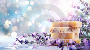 Stacked lavender soap bars accompanied by lavender flowers, set against a sparkling light backdrop. Aromatic herbal soap